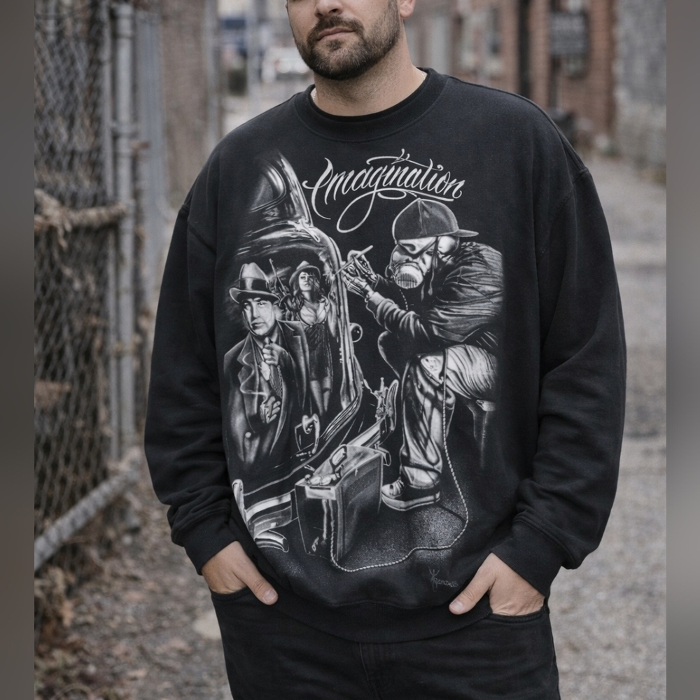 DGA Imagination Graphic Sweatshirt Black Crewneck Size L Streetwear Cotton Blend